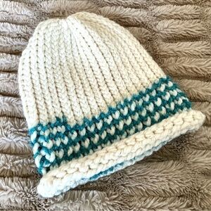 Handmade Chunky Soft Knit Beanie Hat Cream Turquoise Stripes Outdoor Cozy Knits